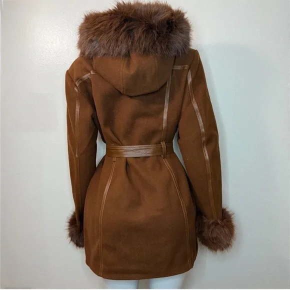 Brown faux fur belted hooded pea coat with faux leather trims - Picture 3 of 11